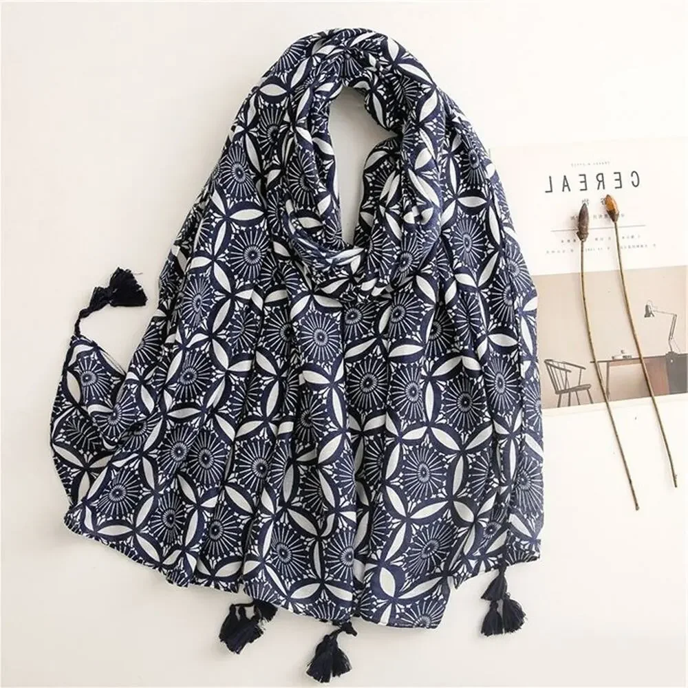 NEW Boho Exotic Tasseled Rectangle Soft Chic Scarf Large Navy Blue White